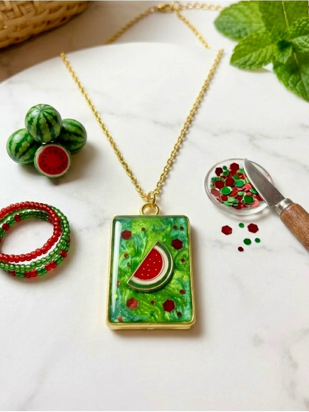 Handmade Green Watermelon Pendant Necklace - Gold Chain